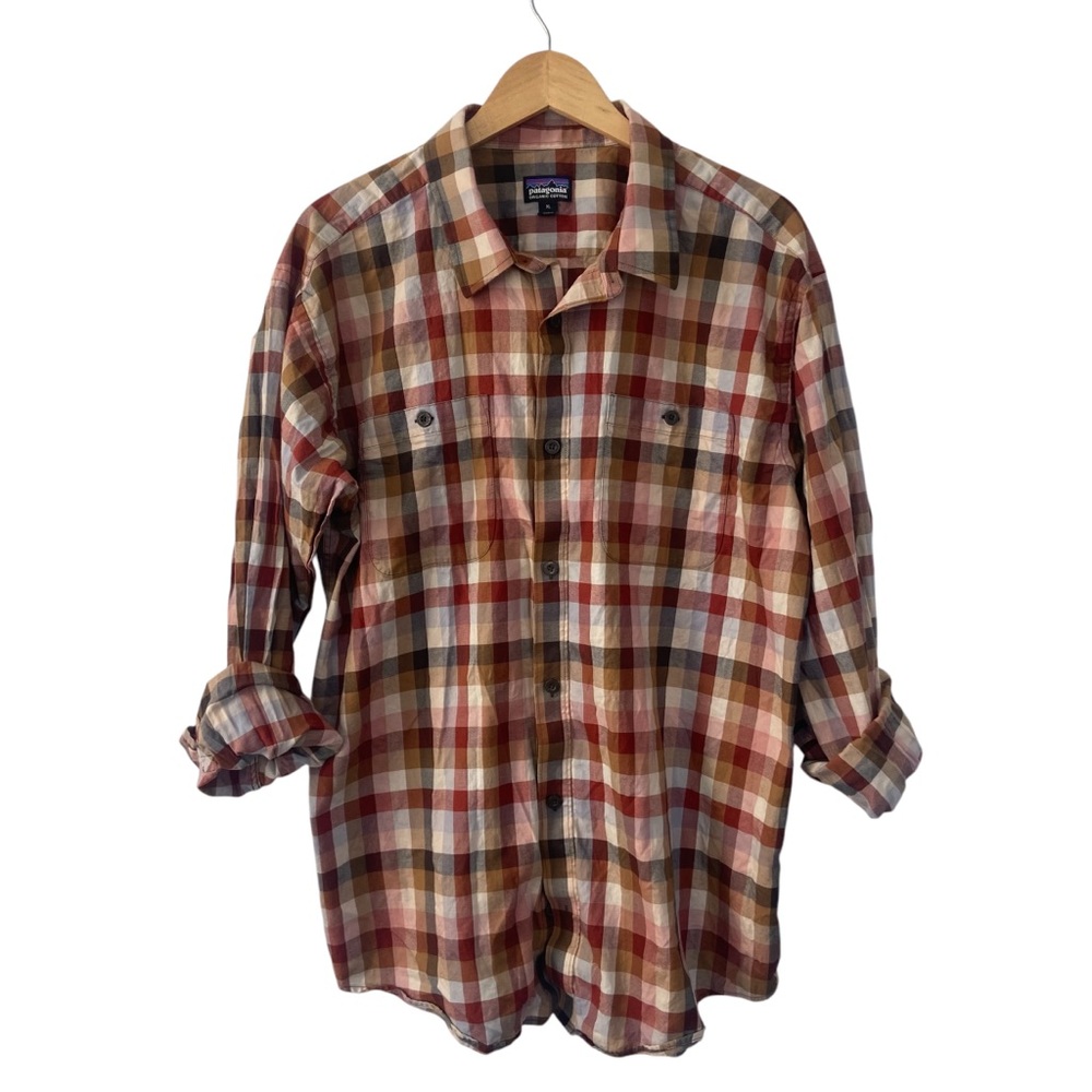 Patagonia Organic Cotton Long Sleeve Orange Brown Check Shirt Long Sleeve XL